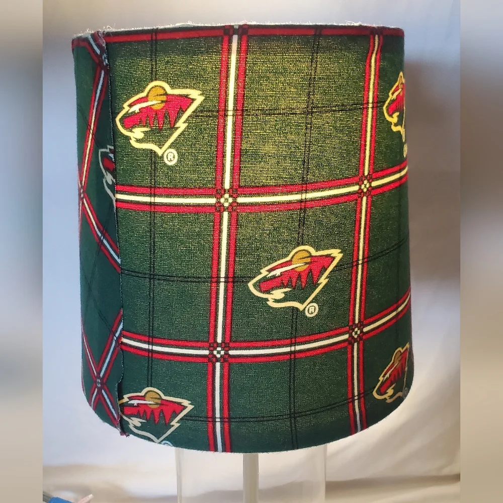 Minnesota Wild Green Plaid Table Lamp  Logo Fabric Shade Chrome Glass Base NHL